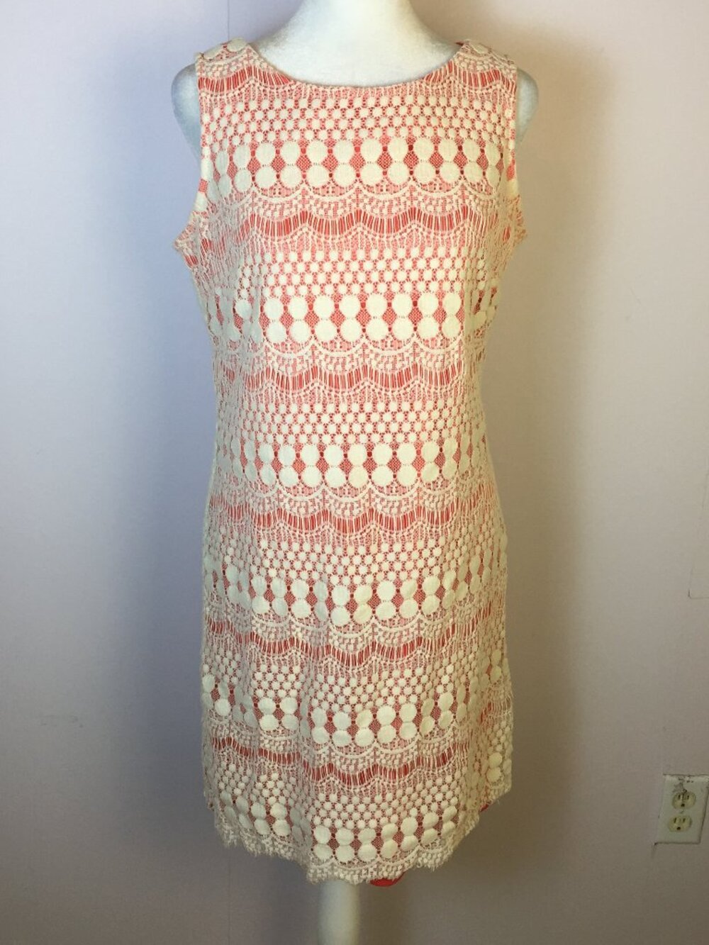 Eliza J Sheath Dress Sz 8 Womans Coral Pink Cream Lace Overlay Sleeveless Lined